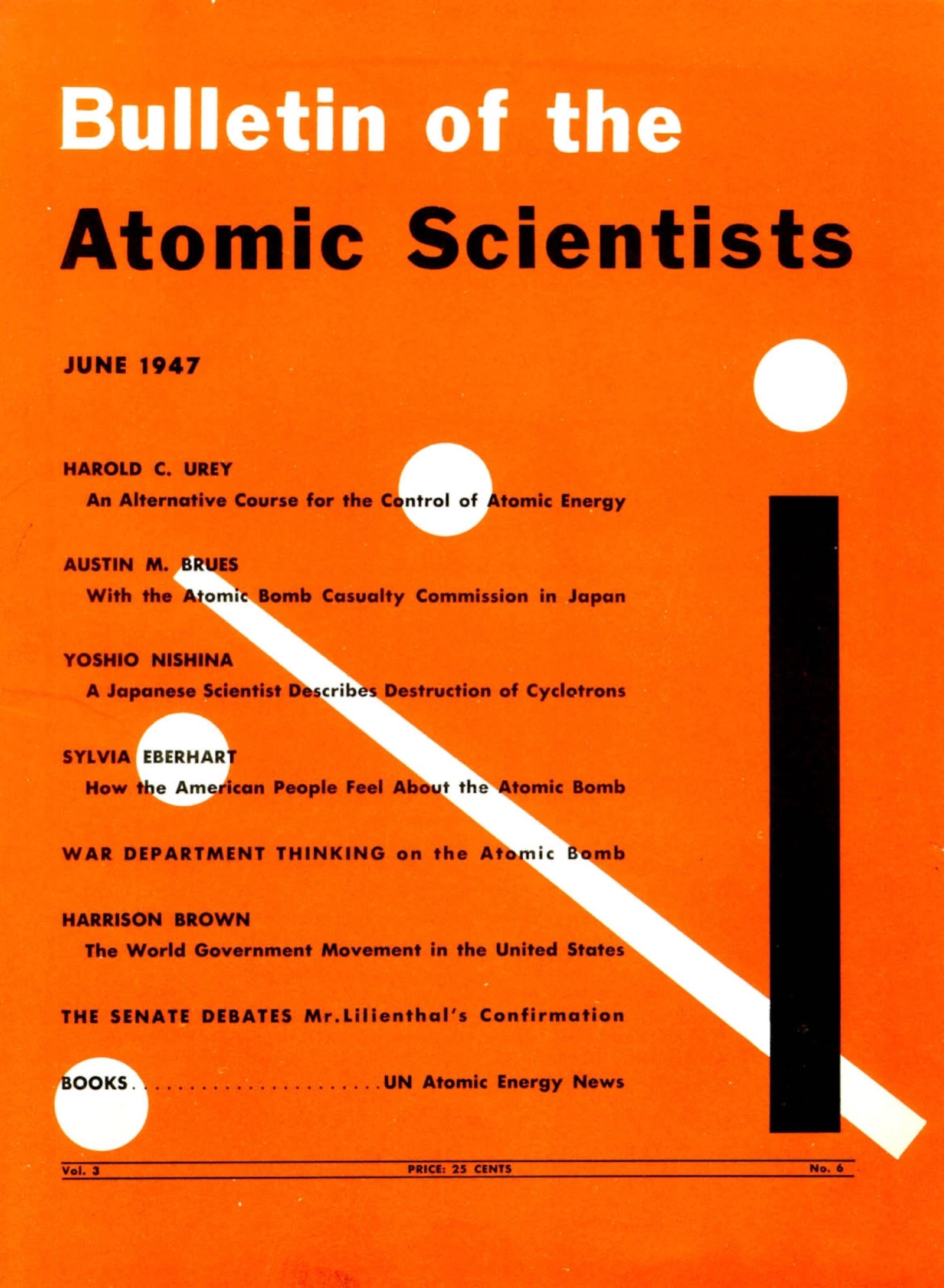 Portada del Bulletin of the Atomic Scientists de junio de 1947, la primera en mostrar el reloj, marcando siete minutos para la medianoche.